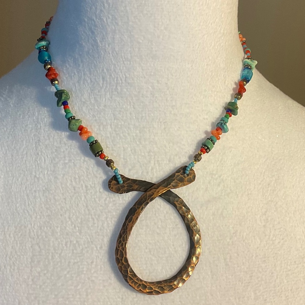 Handmade Copper and Gemstone Beaded Necklace 16”